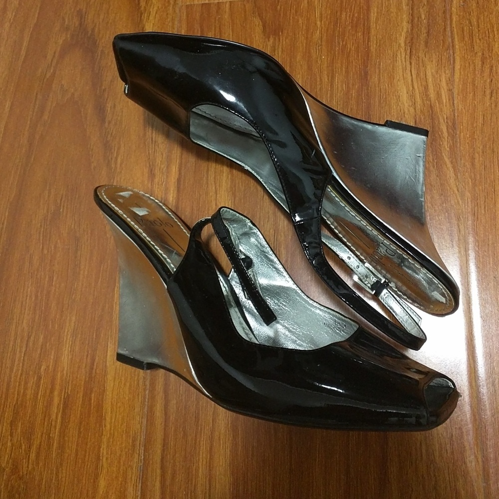 Black patent leather sandal silver wedge heel